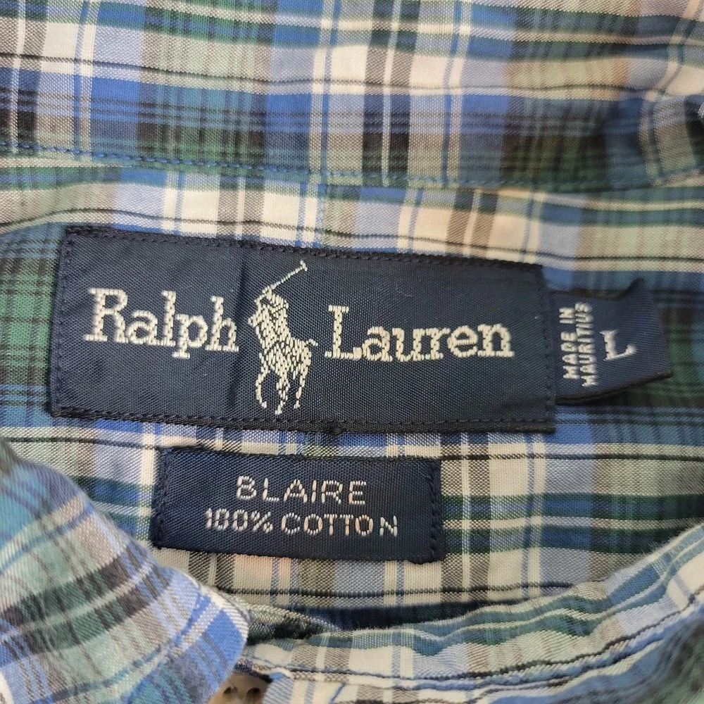 Vintage Ralph Lauren Blaire Mens Large Green Blue Plaid Pony Button Down LS